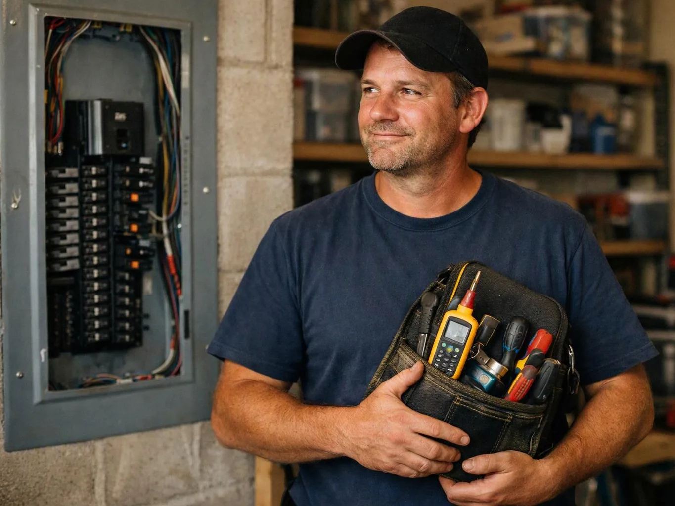 A man in a cap holds a tool bag beside an open electrical panel in a workshop
