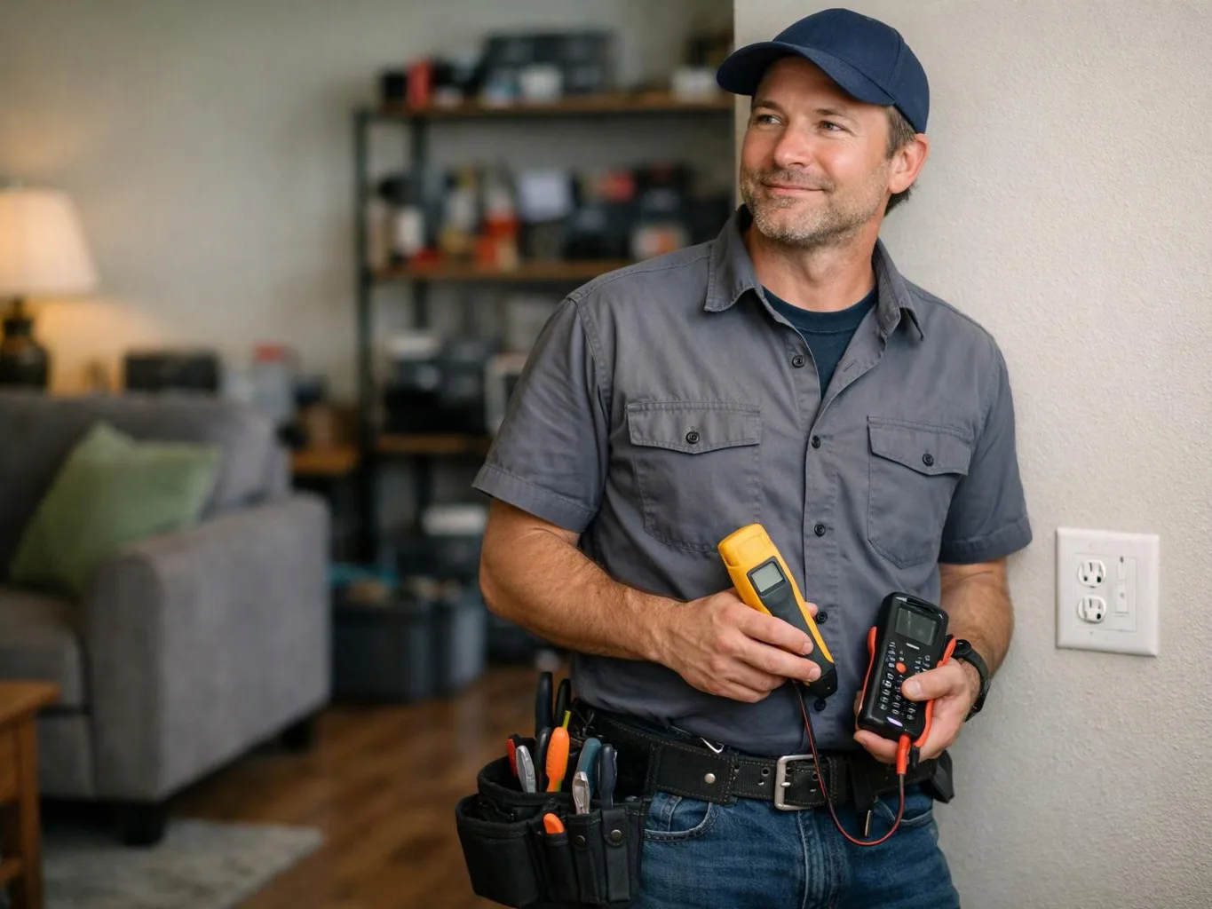 A man in a cap holds two testing devices beside a wall outlet inside a living room