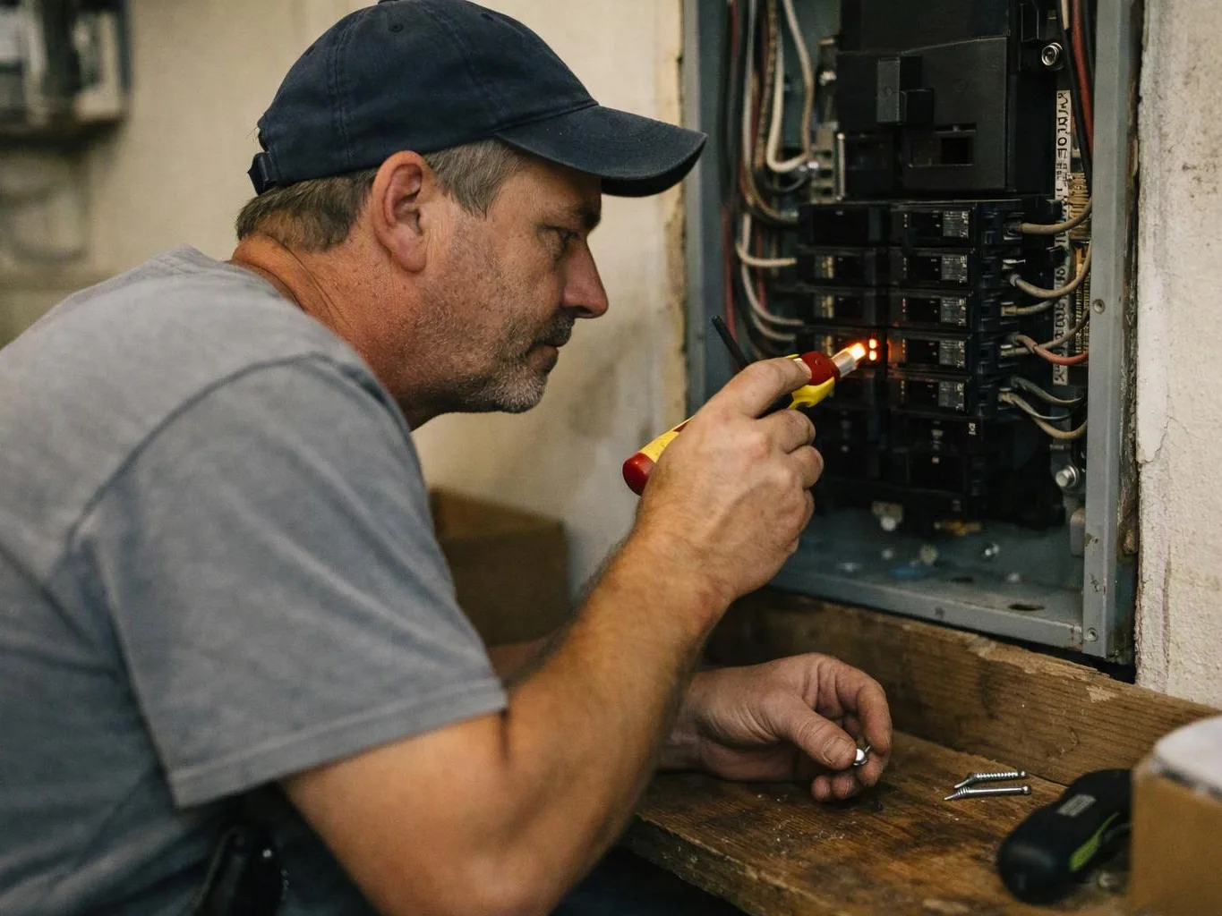 A man in a cap inspects an open electrical panel with a lit tester in a workshop setting