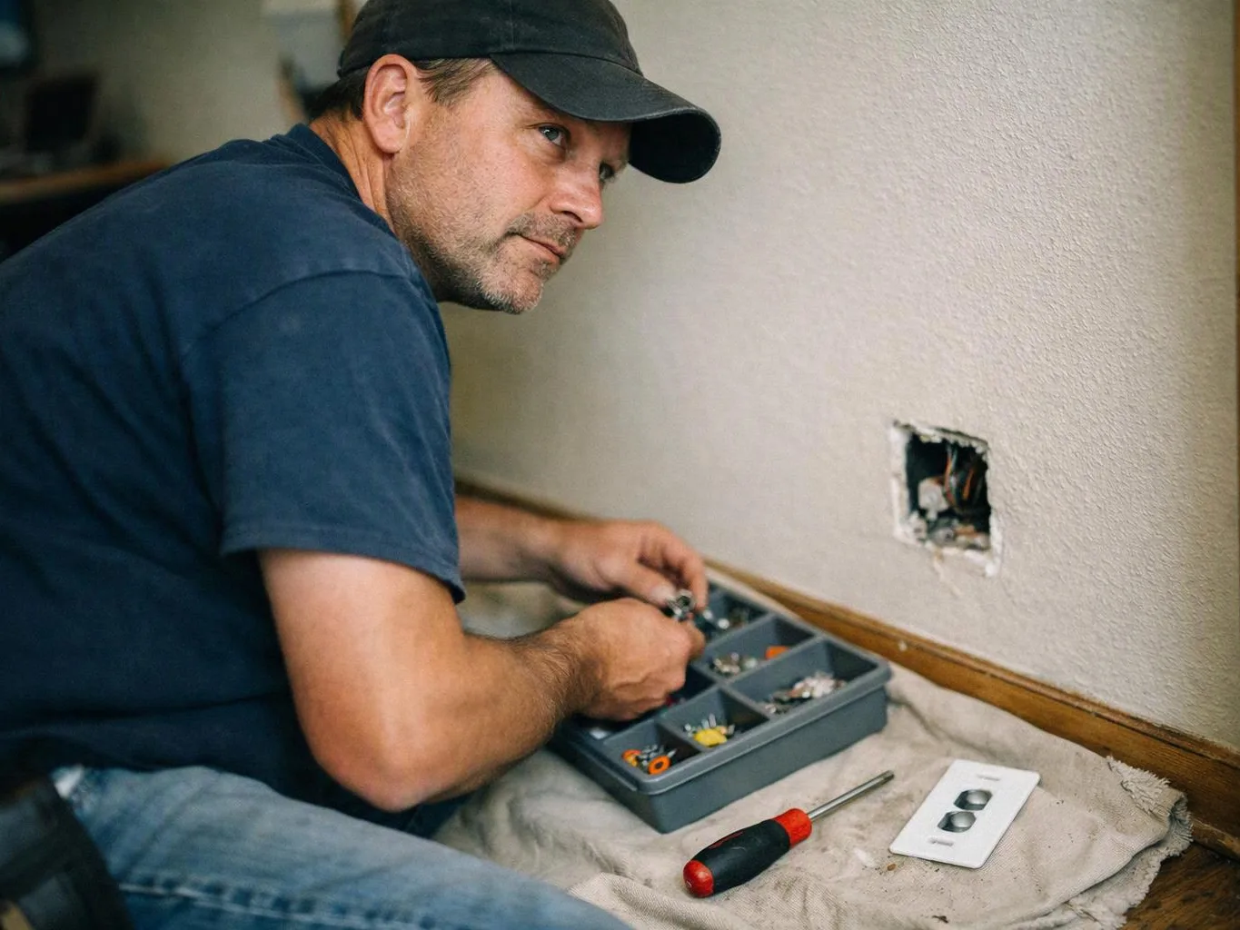 A man in a cap kneels by a wall outlet, sorting small parts beside a screwdriver and faceplate