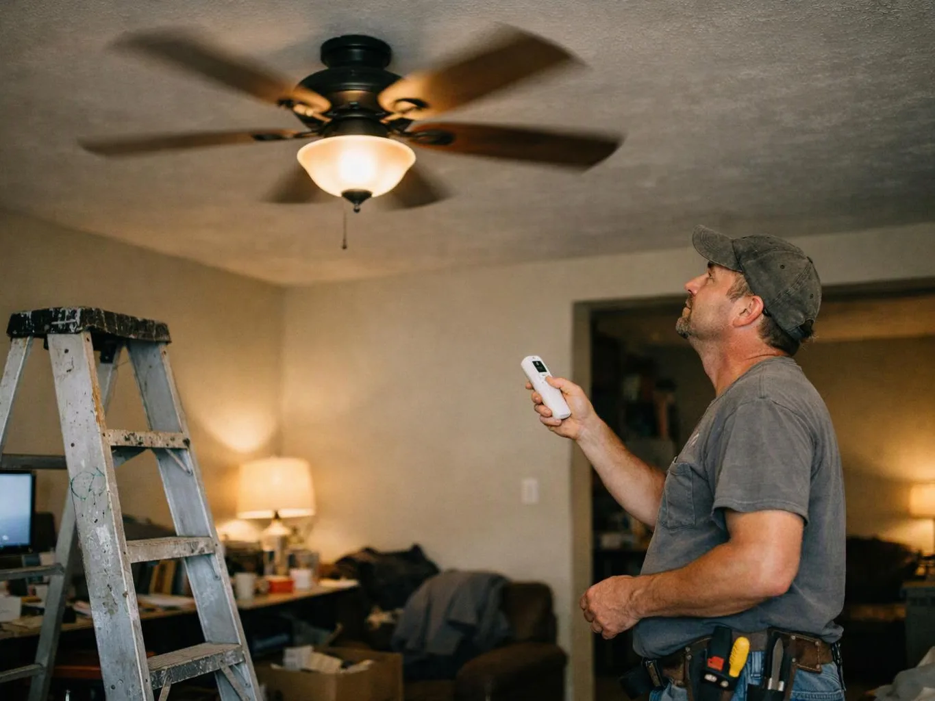 A man in a cap points a remote at a spinning ceiling fan inside a cluttered room