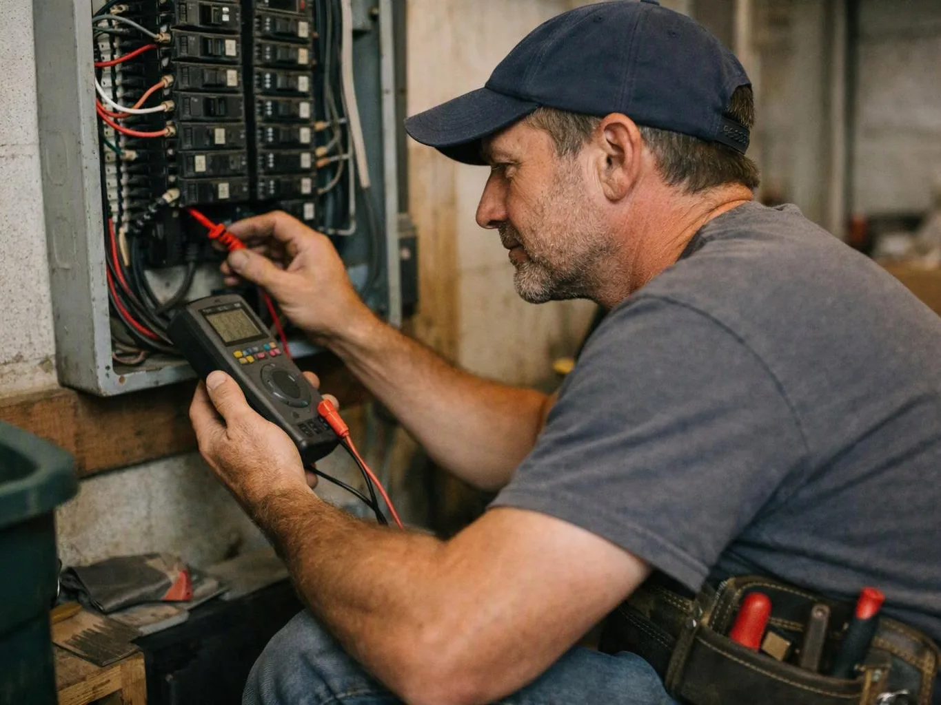 A man in a cap tests an electrical breaker panel with a multimeter in a workshop