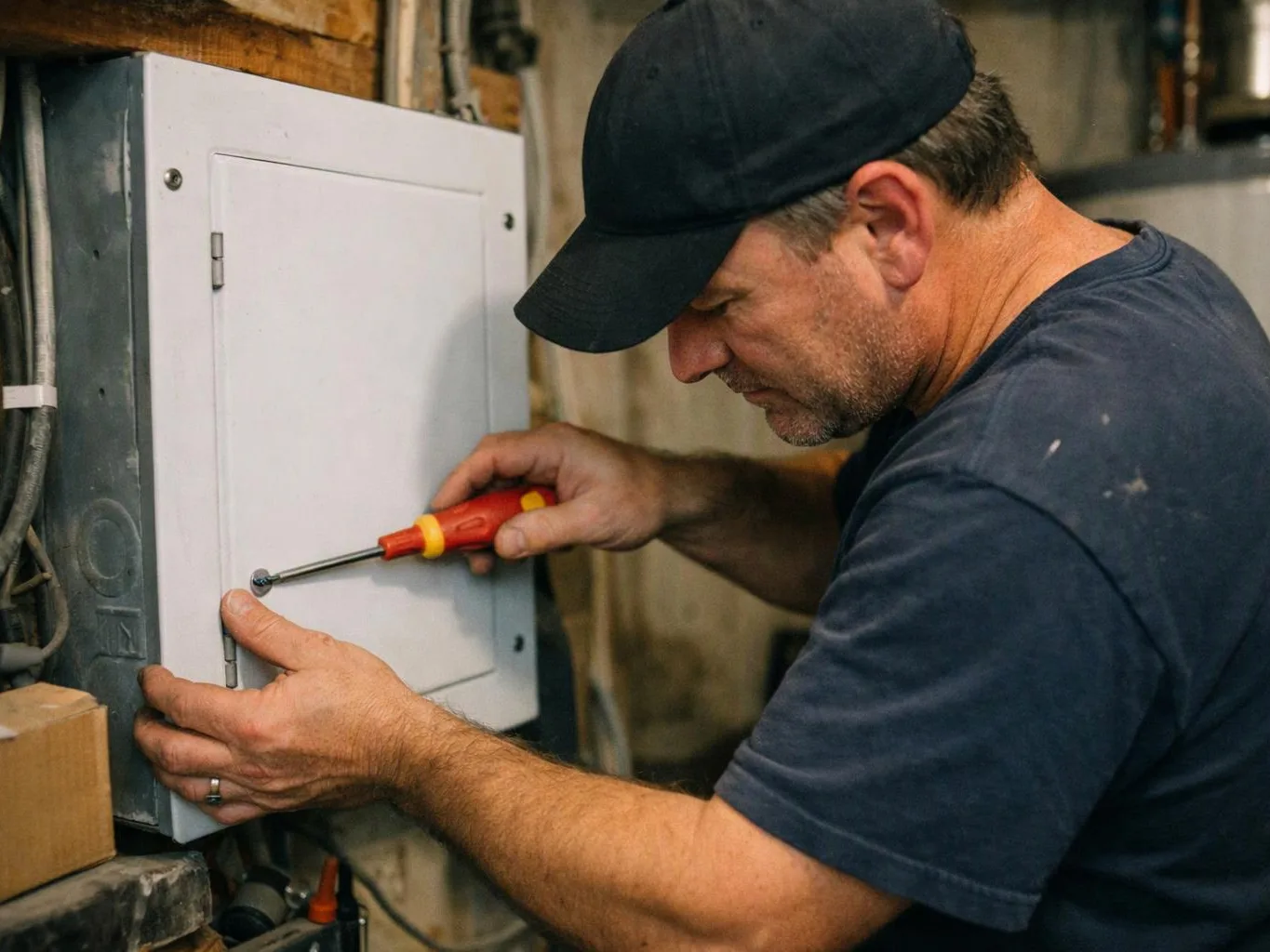 A man in a cap tightens a screw on a white electrical panel in a workshop