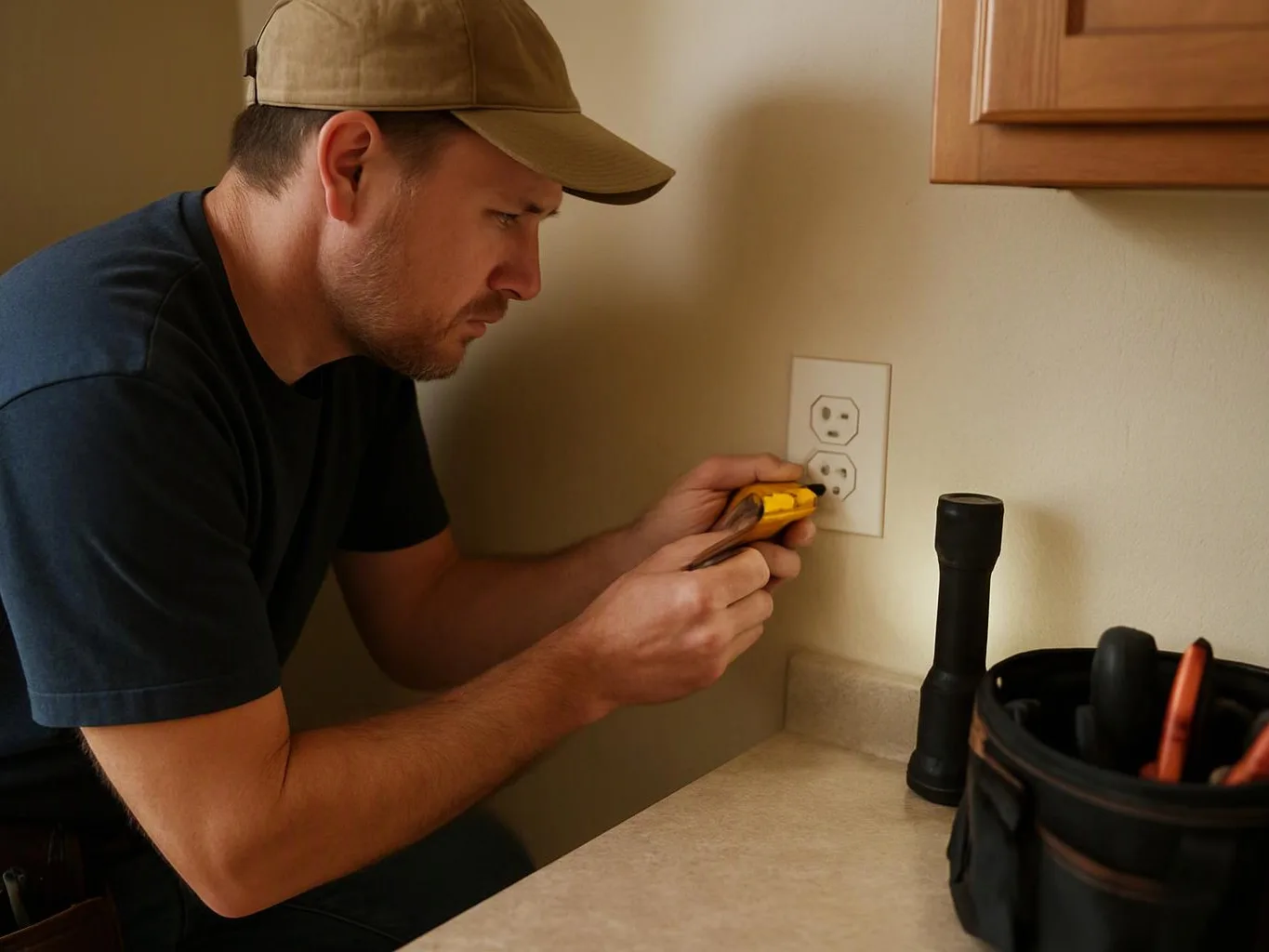 A man in a cap uses a tool to work on a wall outlet beside a countertop with tools nearby