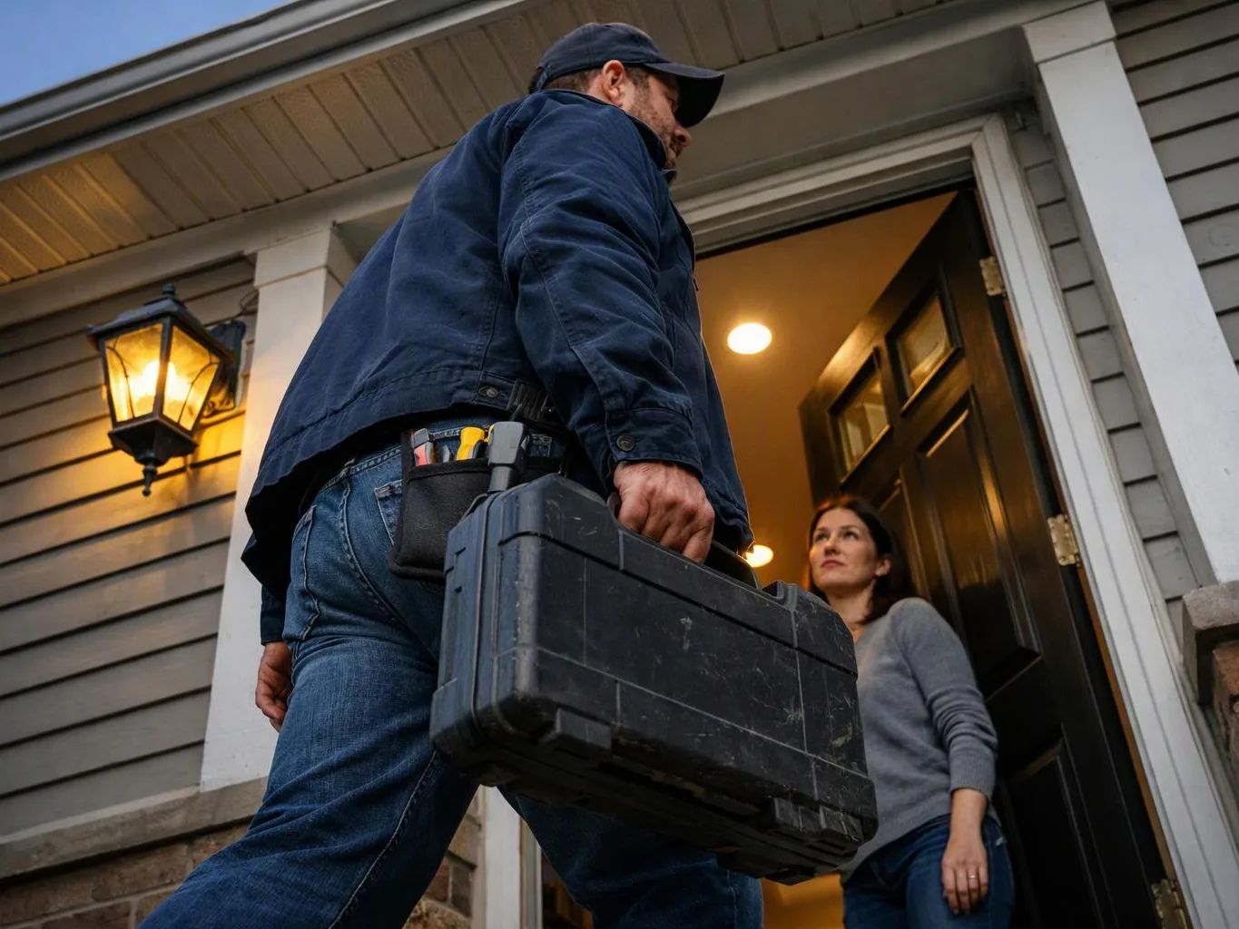 A man carries a toolbox up to a lit front door where a woman stands inside the doorway