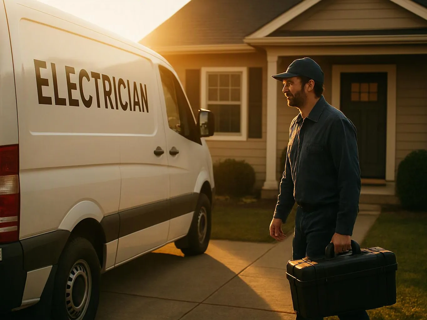 A man carrying a toolbox stands beside a white electrician van in a driveway at sunset