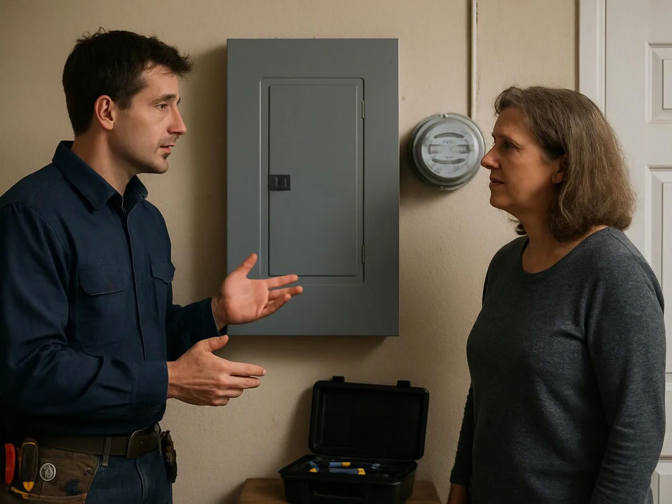 A man gestures while speaking to a woman beside an electrical panel in a hallway