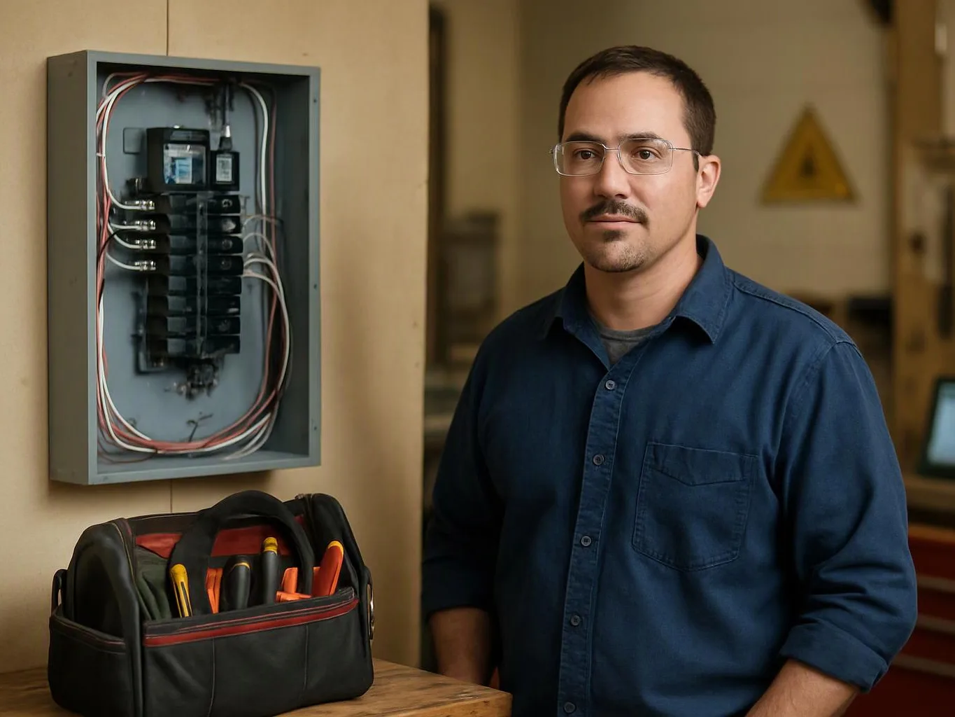 A man in glasses stands beside an open electrical panel and a tool bag in a workshop area