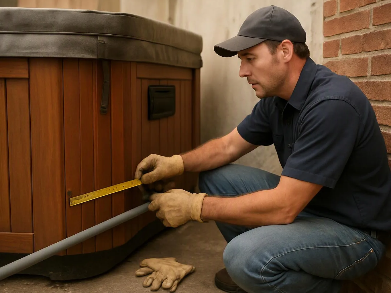 A man in gloves kneels beside a wooden hot tub, measuring its side with a ruler