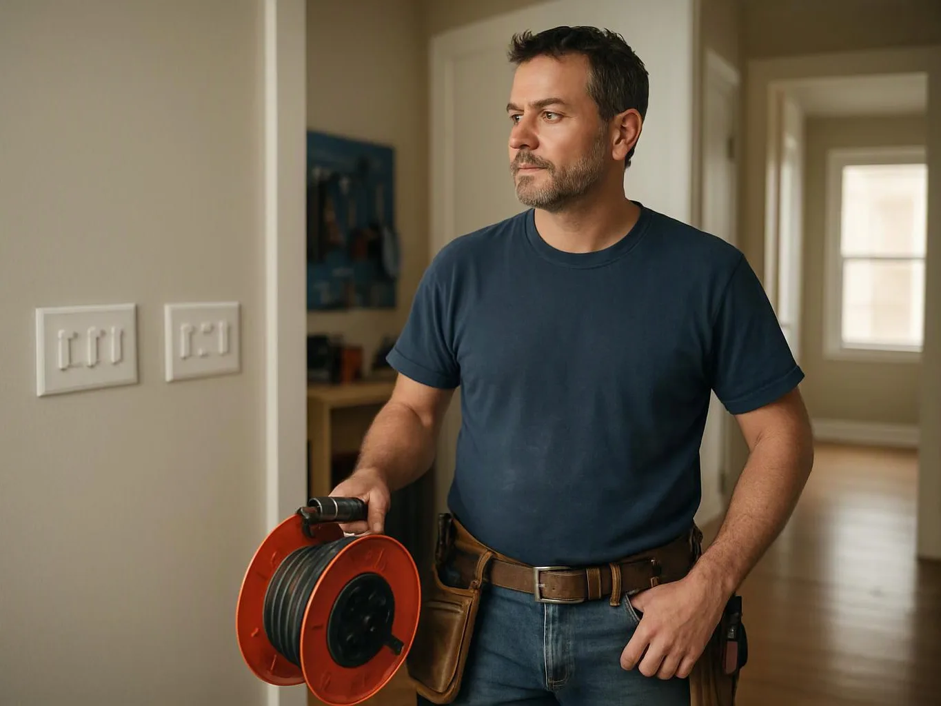 A man in a hallway holds a red cable reel and looks off to the side