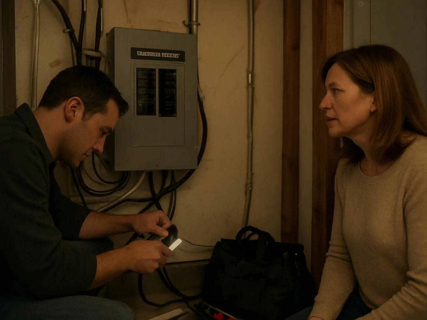 A man inspects electrical wires beside a breaker box while a woman watches in a dim utility room