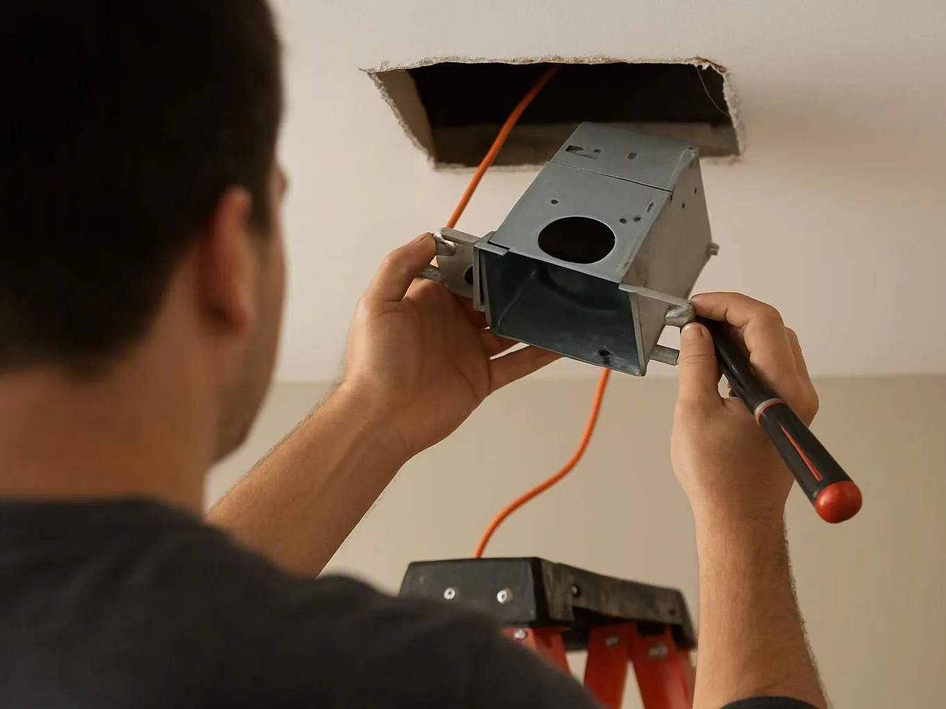 A man installs a metal electrical box in a ceiling opening while holding a screwdriver and an orange cable hangs behind him