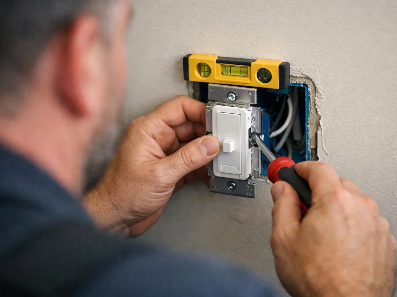 A man installs a wall light switch with a screwdriver and level, beside an open electrical box