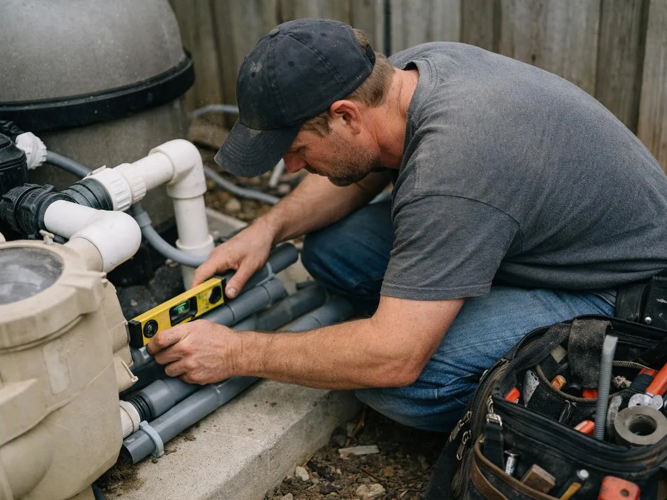 A man kneels beside pool equipment, checking PVC pipes with a yellow level outdoors