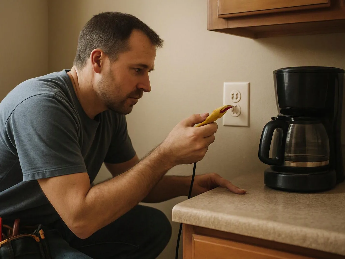 A man kneels by a kitchen counter, inspecting a coffee maker with a yellow tool near an outlet