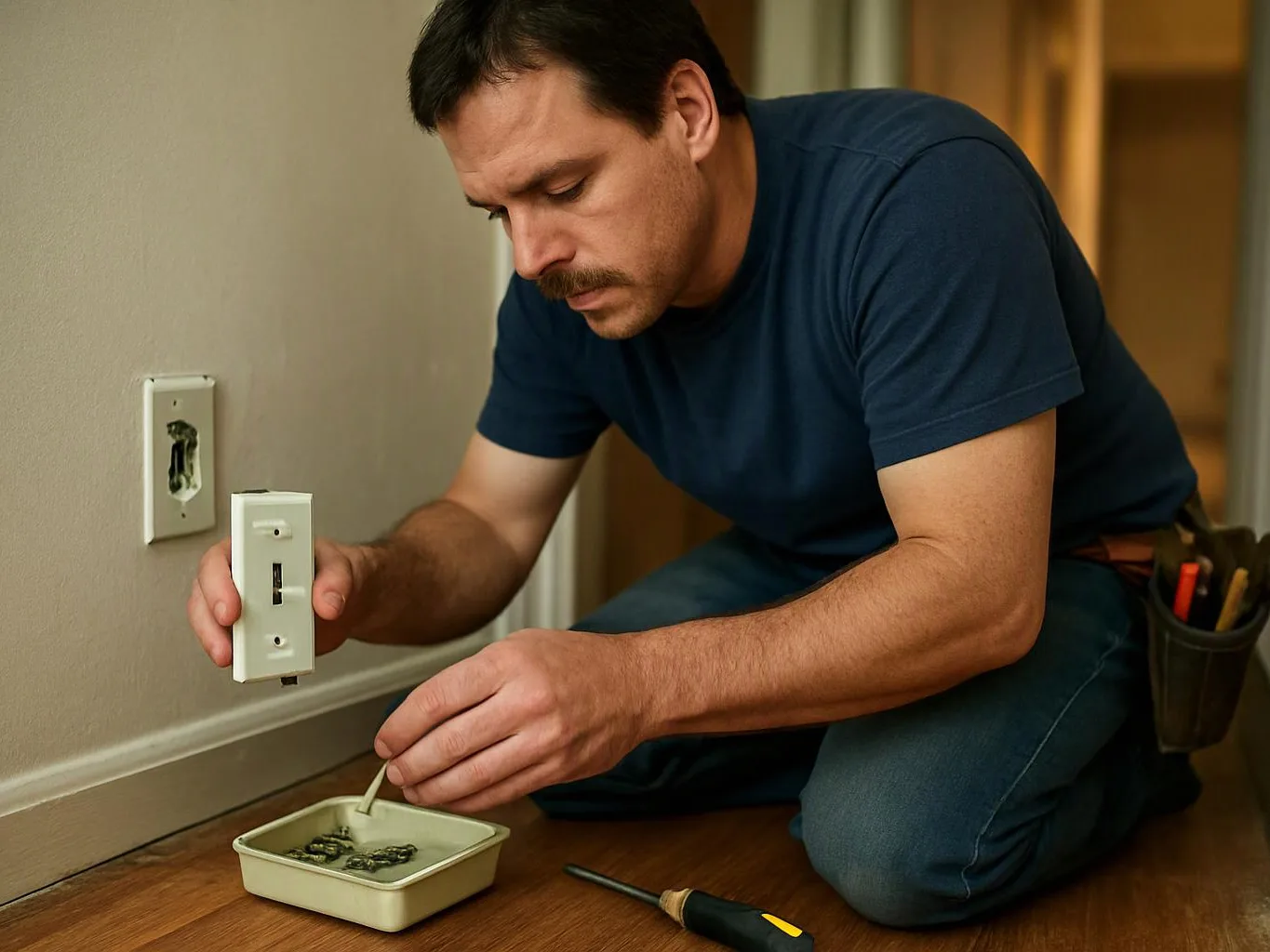 A man kneels by a wall outlet, holding a light switch and mixing small parts in a tray