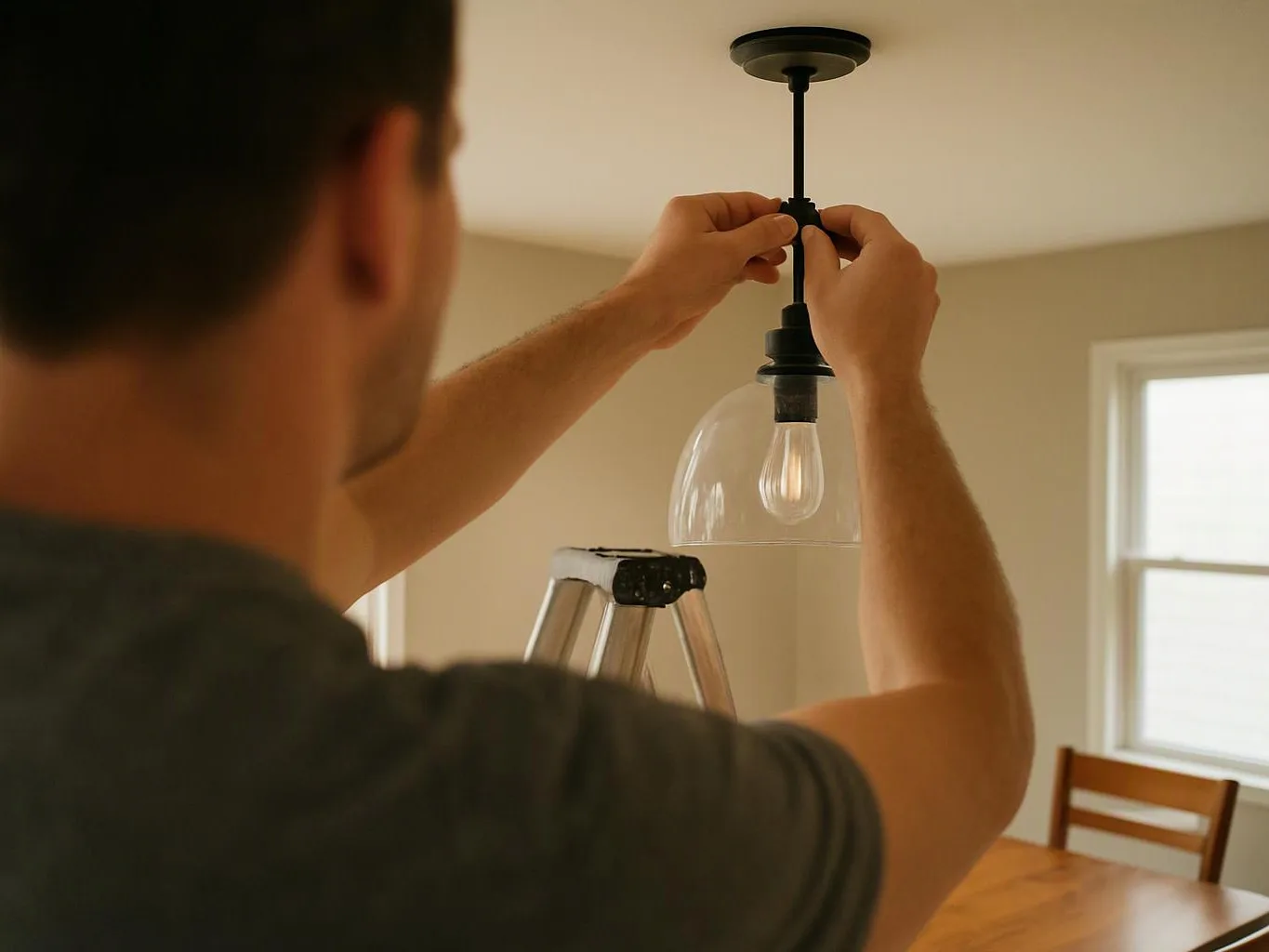 A man on a ladder adjusts a hanging light fixture in a bright room