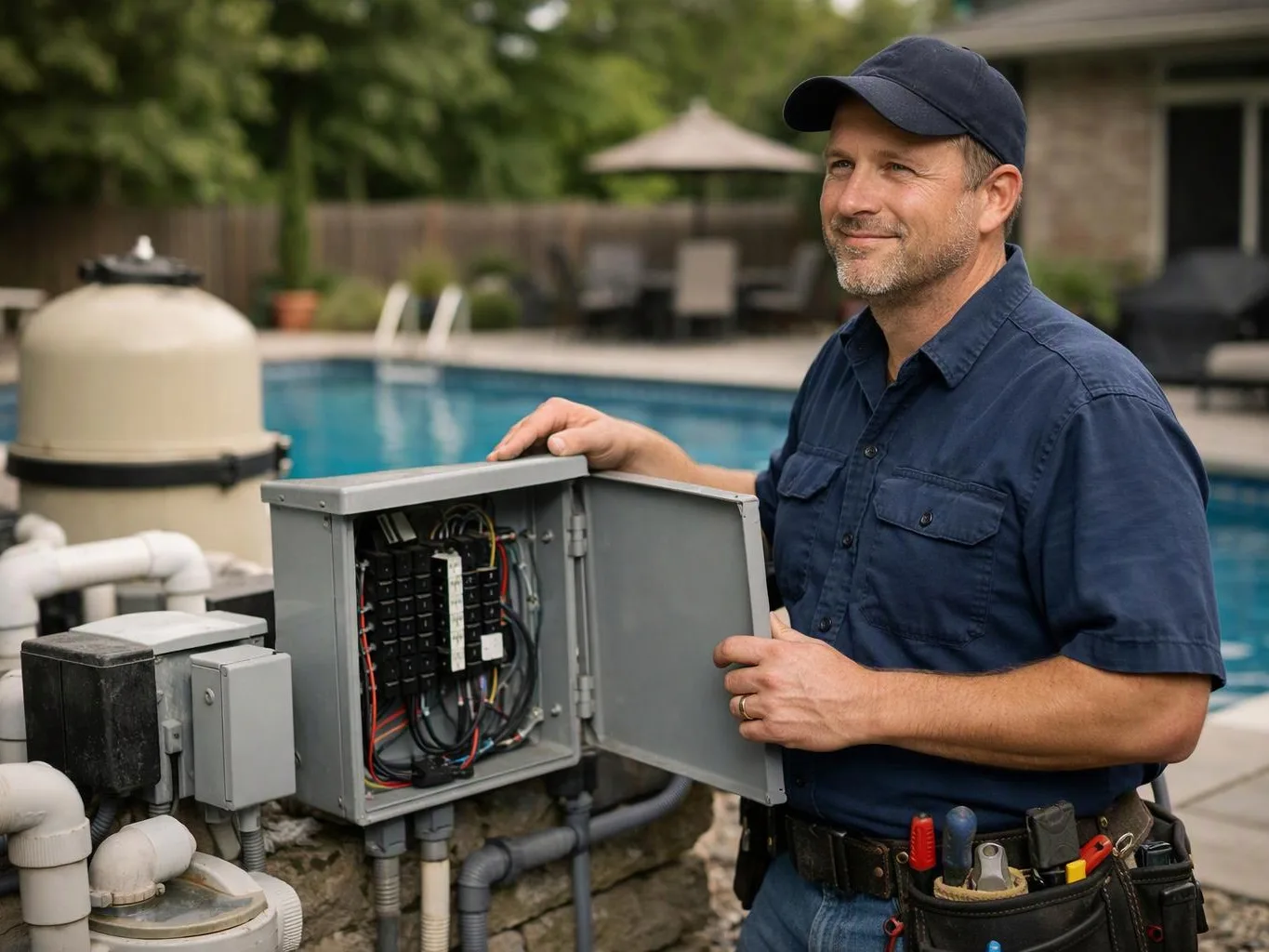 A man in a navy cap stands by an open electrical panel beside a swimming pool