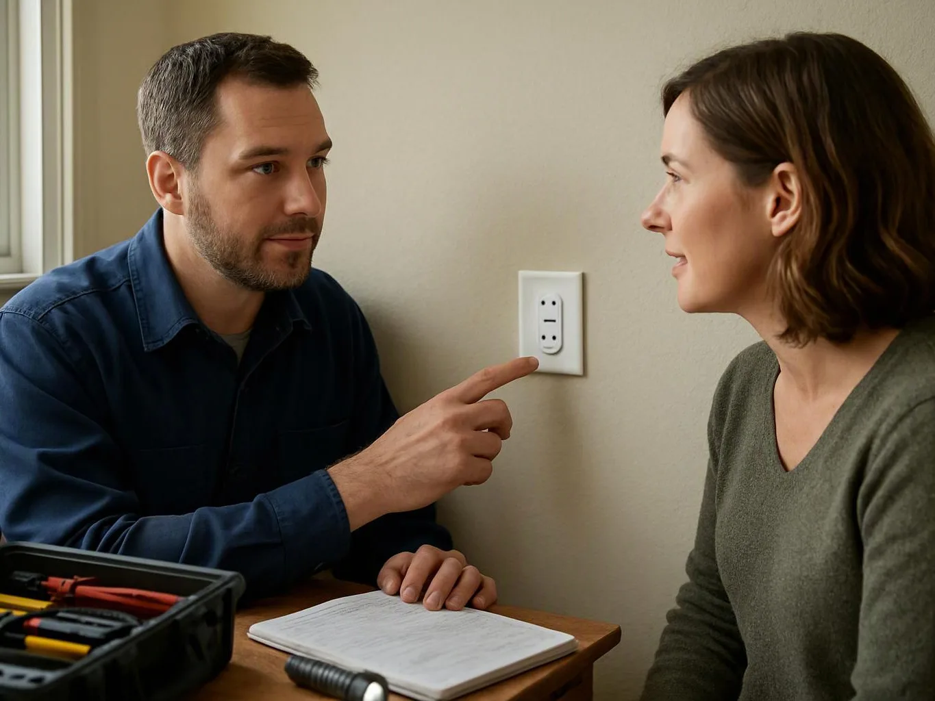 A man points at a wall outlet while talking to a woman beside a small table with notes and tools