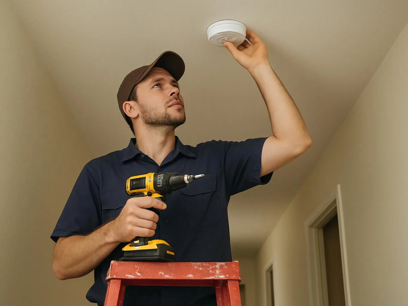 A man on a red step stool checks a ceiling smoke alarm while holding a cordless drill in a hallway