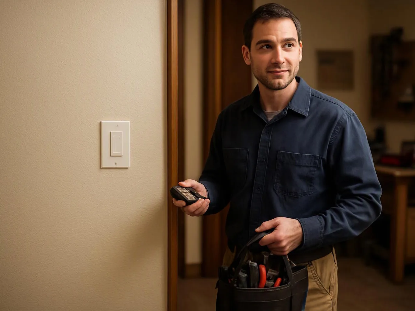 A man stands by a doorway holding a remote and a tool bag beside a wall light switch