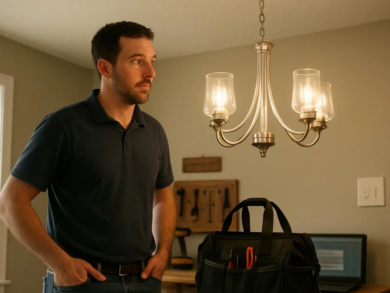 A man stands in a kitchen beside a hanging chandelier, looking at a tool bag on the counter