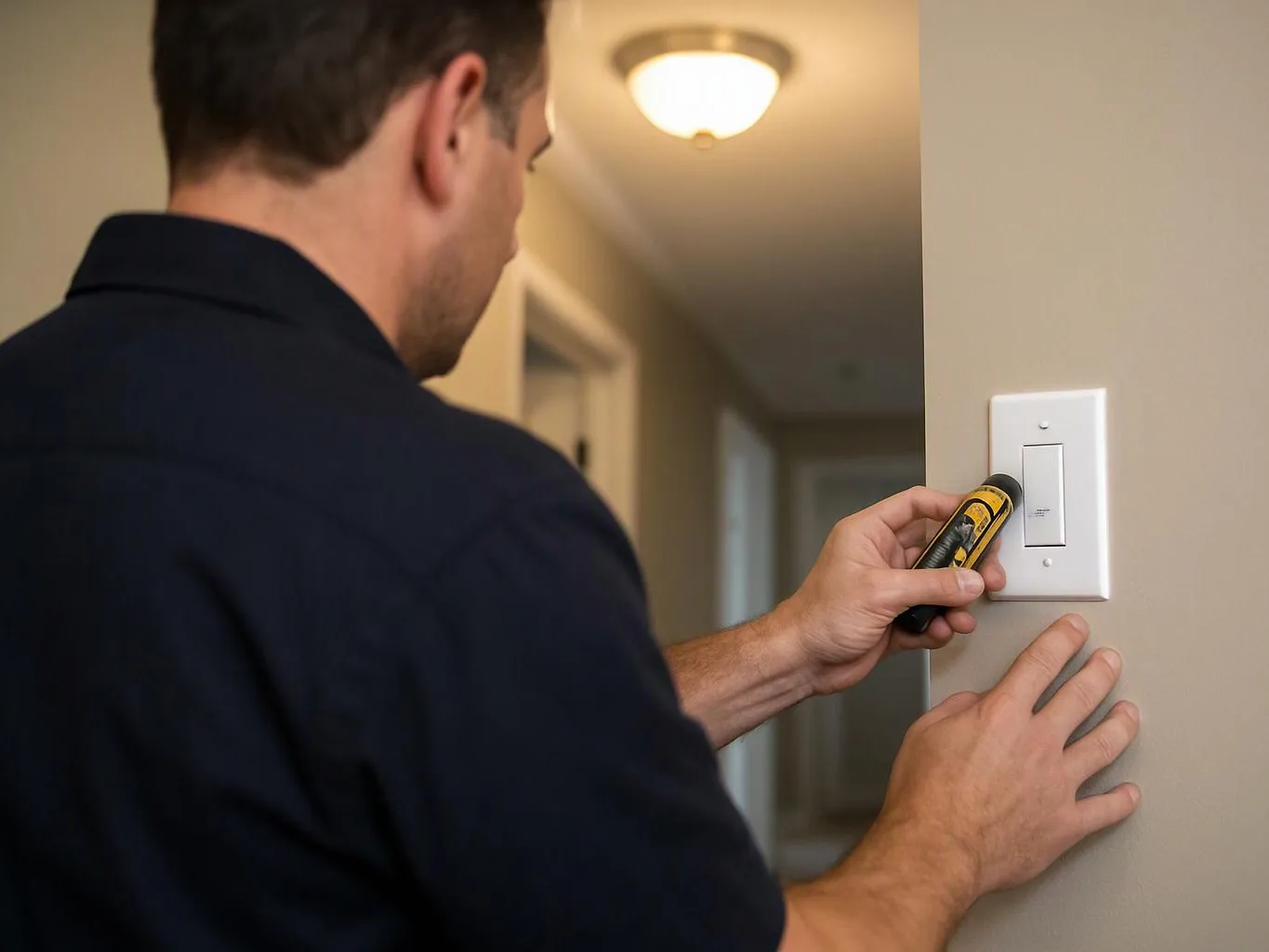 A man uses a handheld tool beside a wall light switch in a hallway