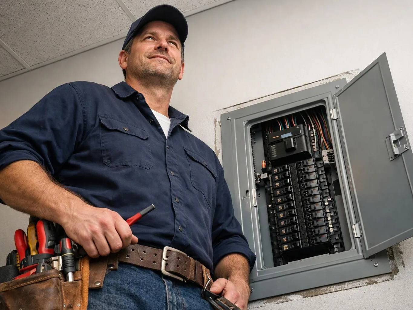 A man in work clothes stands beside an open electrical breaker panel, holding a screwdriver in a small room