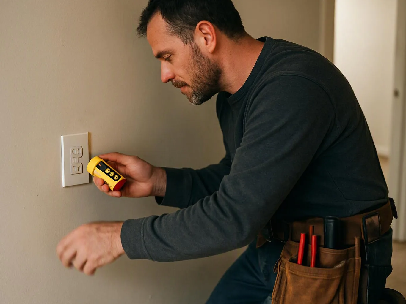 A man in work clothes tests an outlet on a wall with a yellow electrical tool indoors