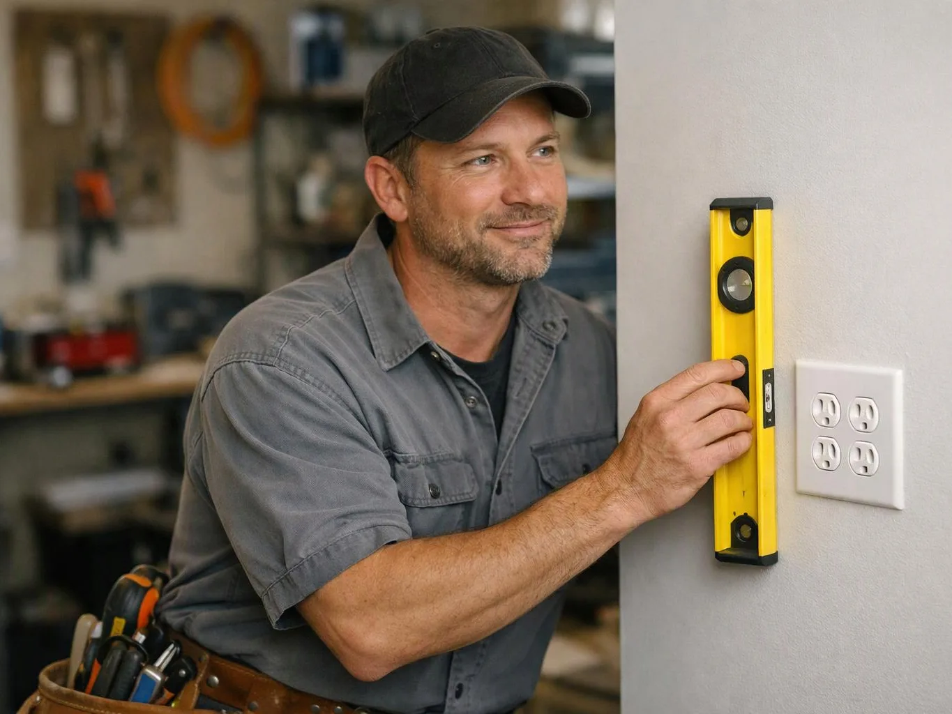 A man in a workshop holds a yellow level against a wall beside an outlet, checking it straight