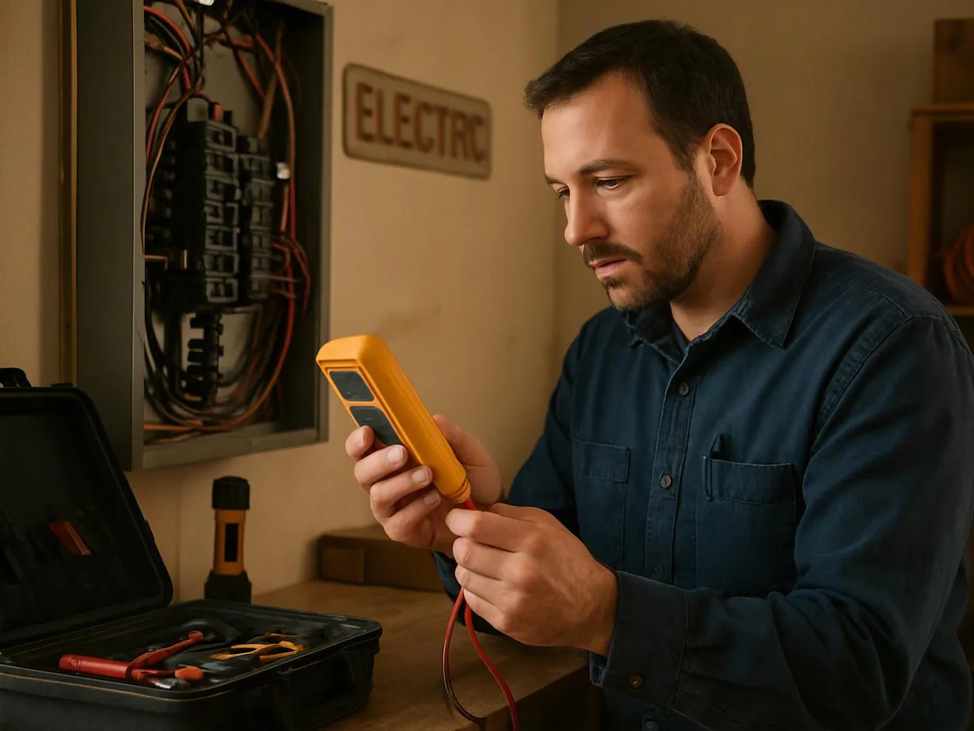 A man in a workshop uses a yellow multimeter to test wiring beside an open electrical panel