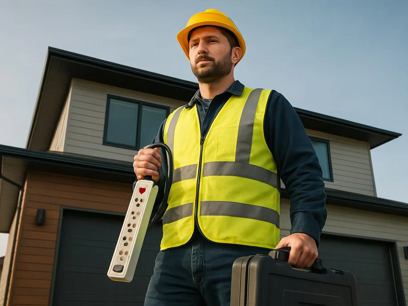 A man in a yellow hard hat and reflective vest holds a power strip and black toolbox outside a modern house