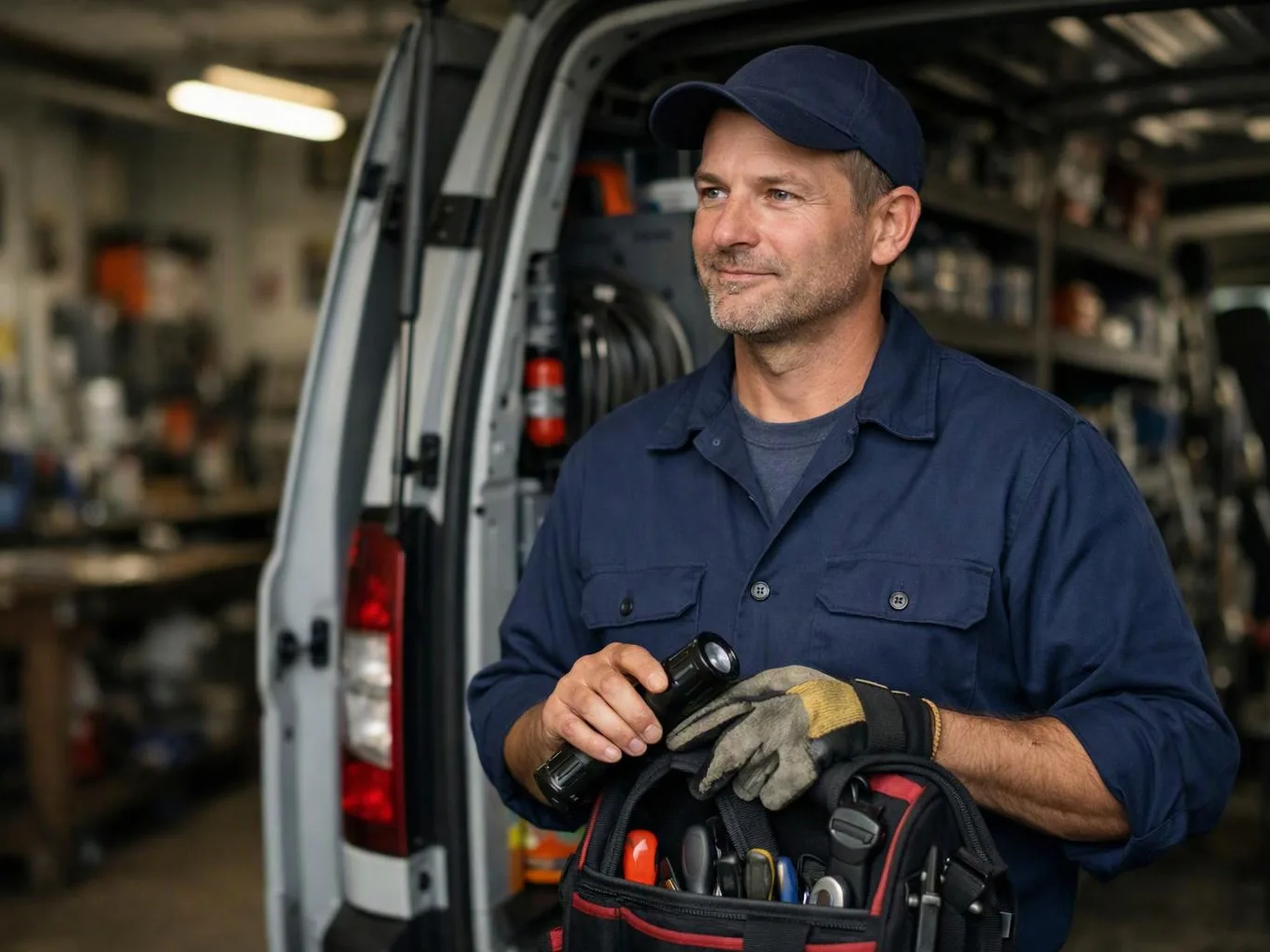 A mechanic in blue coveralls stands by an open van, holding a flashlight and tool bag in a workshop