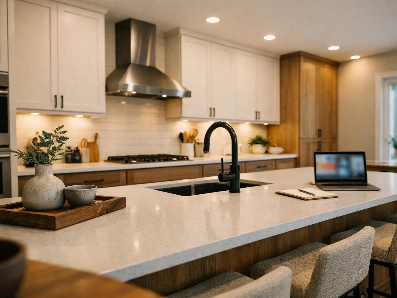 A modern kitchen with a large island, black faucet, laptop, notebook, and decorative tray under warm lights
