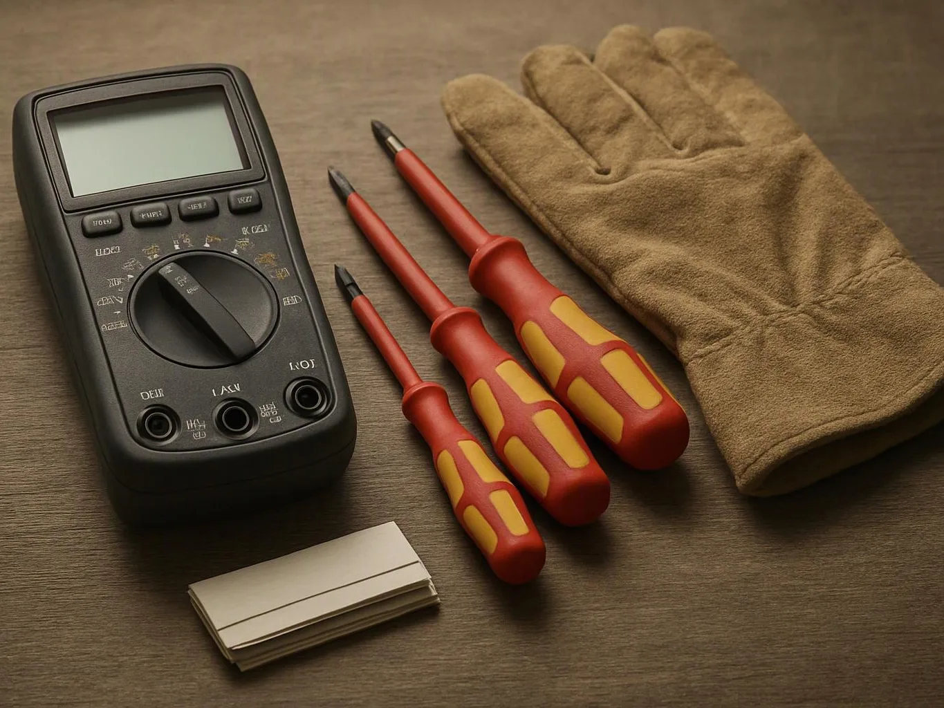 A multimeter, three screwdrivers, a work glove, and folded notes rest on a wooden surface