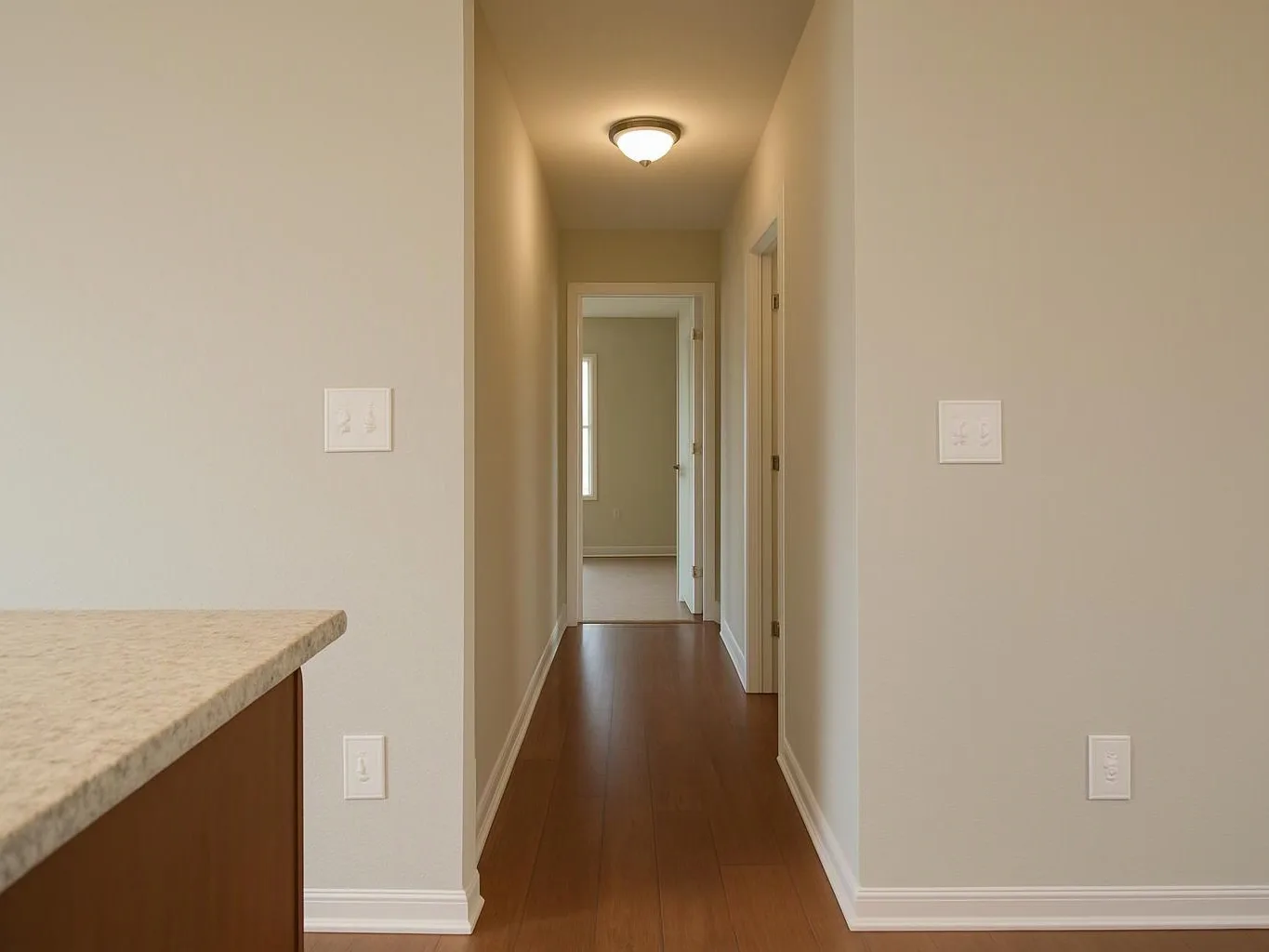 A narrow hallway with wood floors and beige walls leads past open doorways under a ceiling light