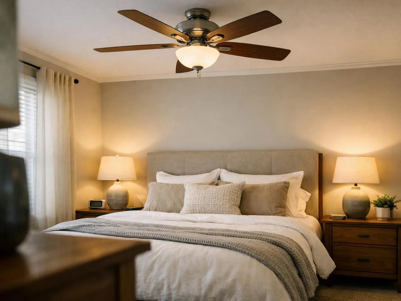 A neatly made bed sits between two lit nightstands in a calm, beige bedroom with a ceiling fan above