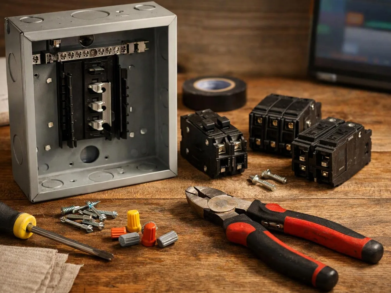 An open gray electrical box sits on a wooden workbench with breakers, screws, wire nuts, pliers