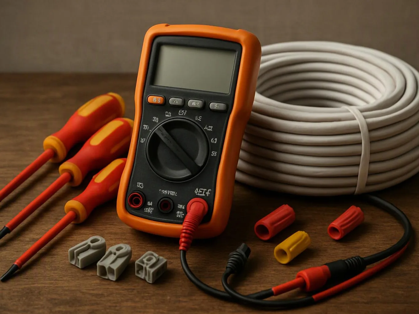 An orange digital multimeter sits beside screwdrivers, coiled cable, wire connectors, and test leads on a wooden surface