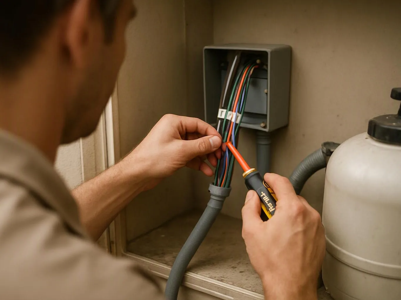 A person connects colored wires inside a wall box while holding a screwdriver in a cramped utility space