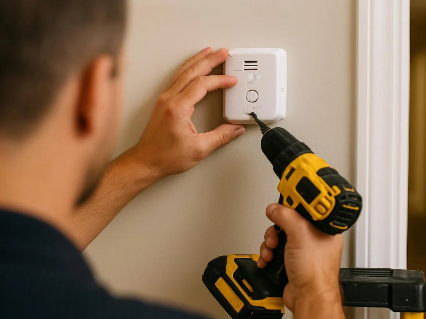A person drills a white wall device while steadying it with one hand indoors