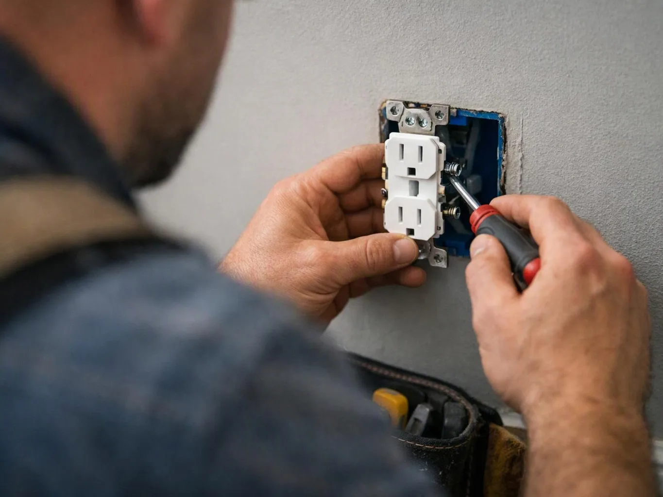 A person installs a wall outlet with a screwdriver beside an open electrical box