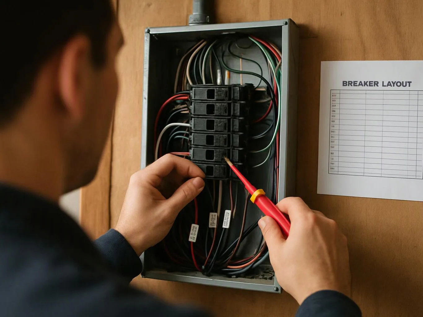 A person tests a breaker panel with a red probe beside a breaker layout sheet