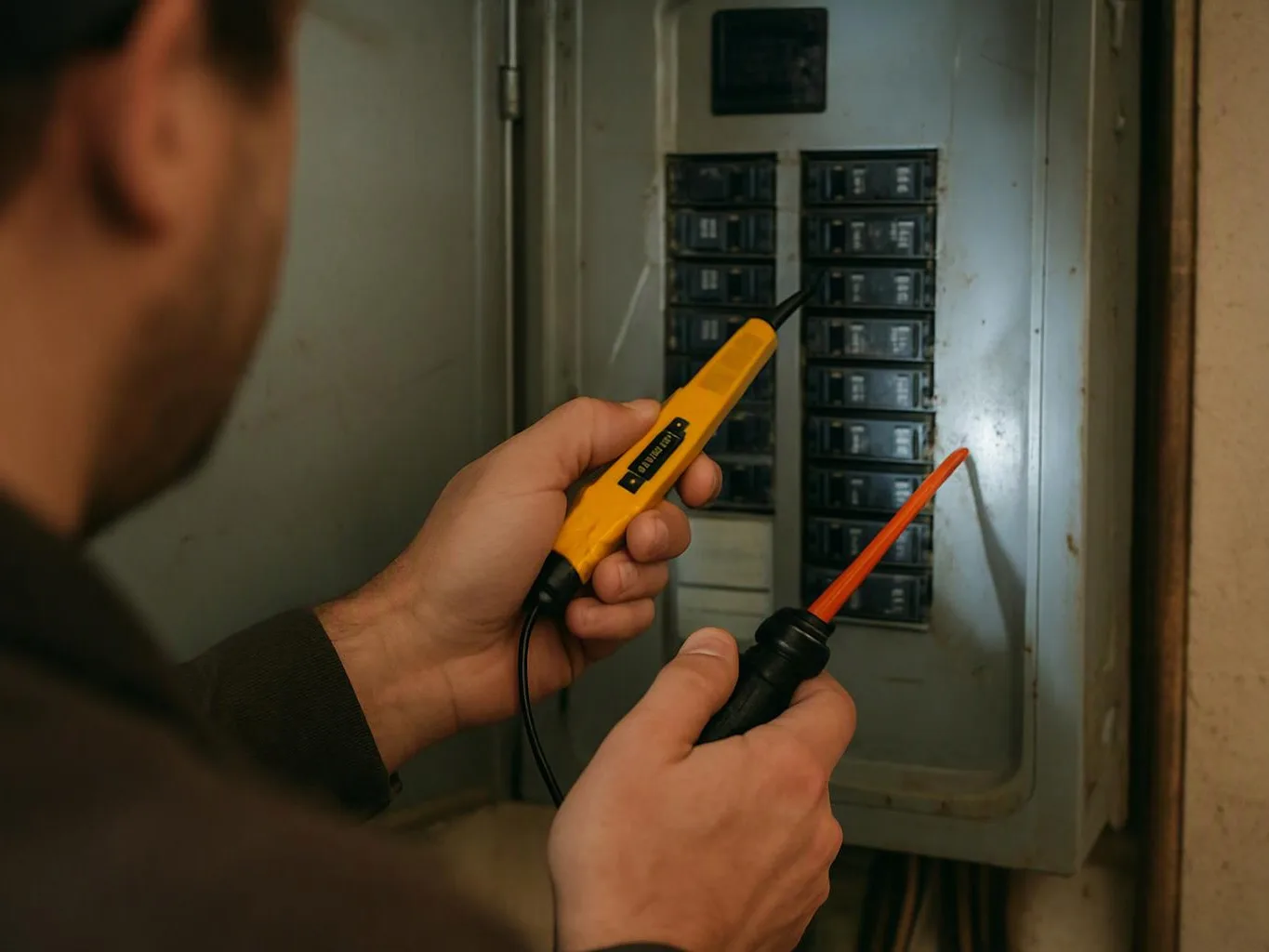 A person tests an electrical breaker panel with two voltage testers in a dim utility space