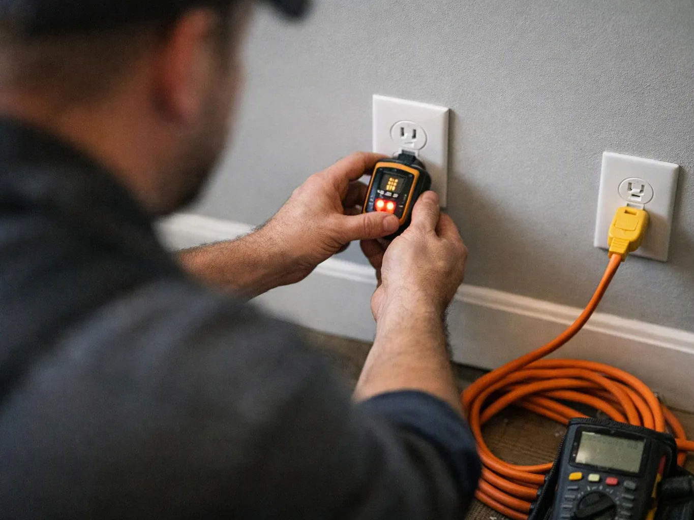 A person tests a wall outlet with a handheld electrical meter beside an orange extension cord