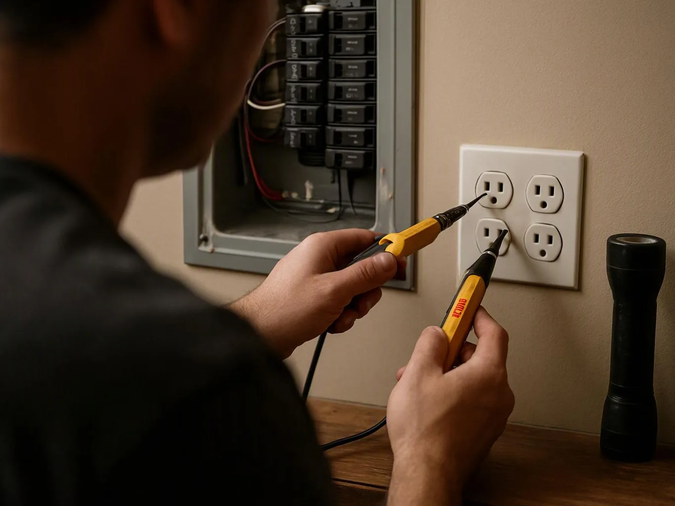 A person tests a wall outlet with two yellow voltage testers beside an open electrical panel