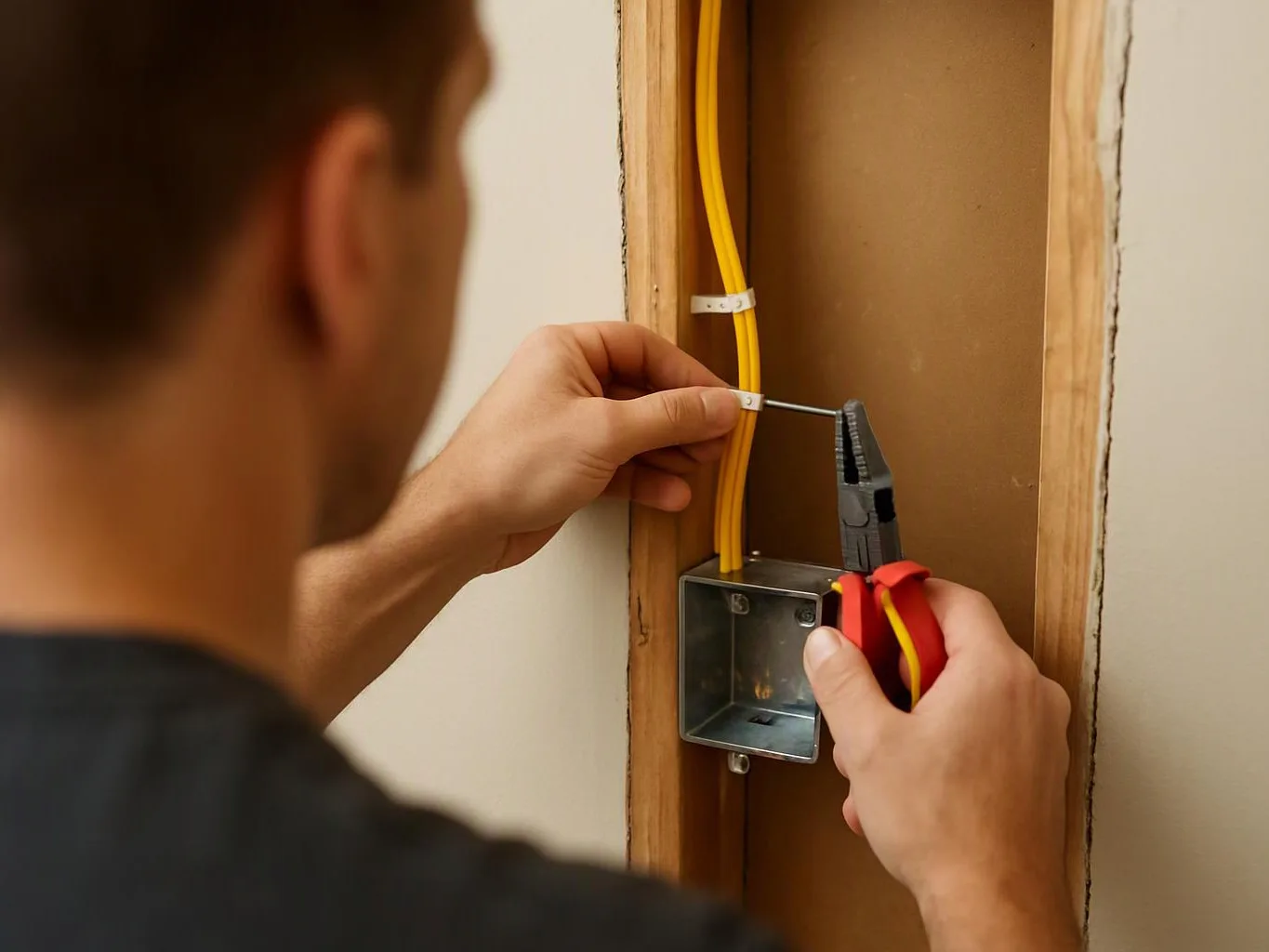 A person uses pliers to trim a yellow wire inside a wall opening with an electrical box