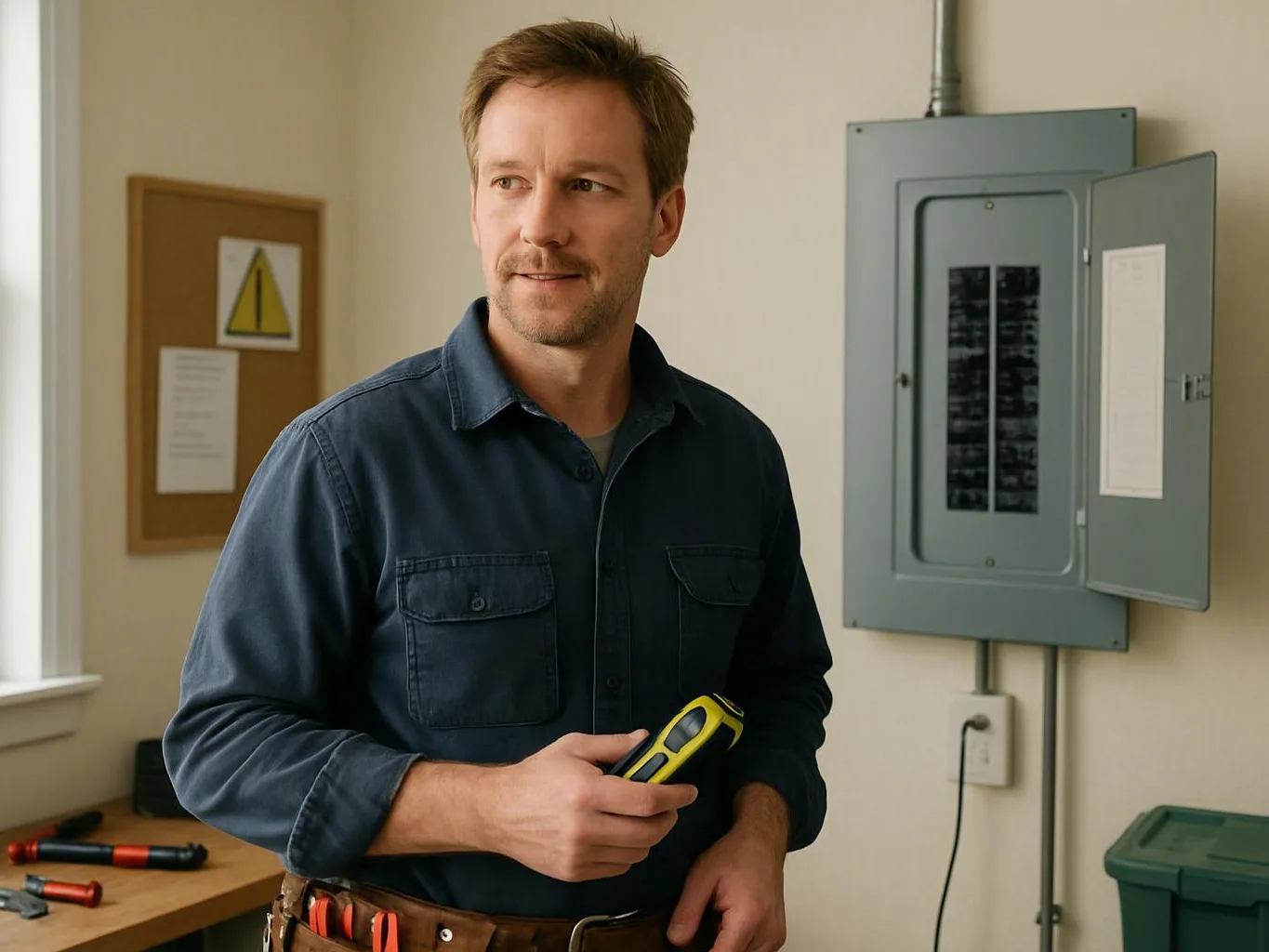 Man holds a yellow electrical tester beside an open panel and workshop tools