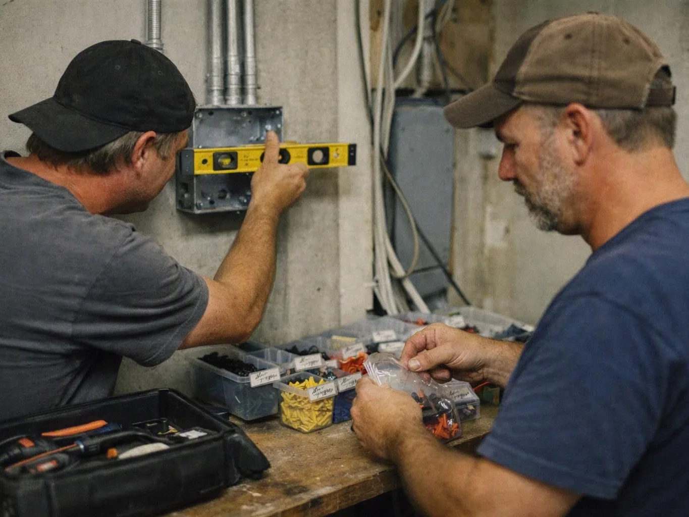 Two men assemble and level an electrical box on a concrete wall