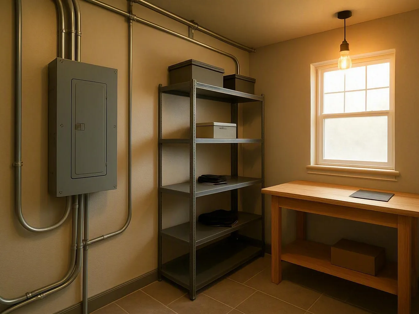 Small utility room with electrical panel, metal shelving, wooden table, and